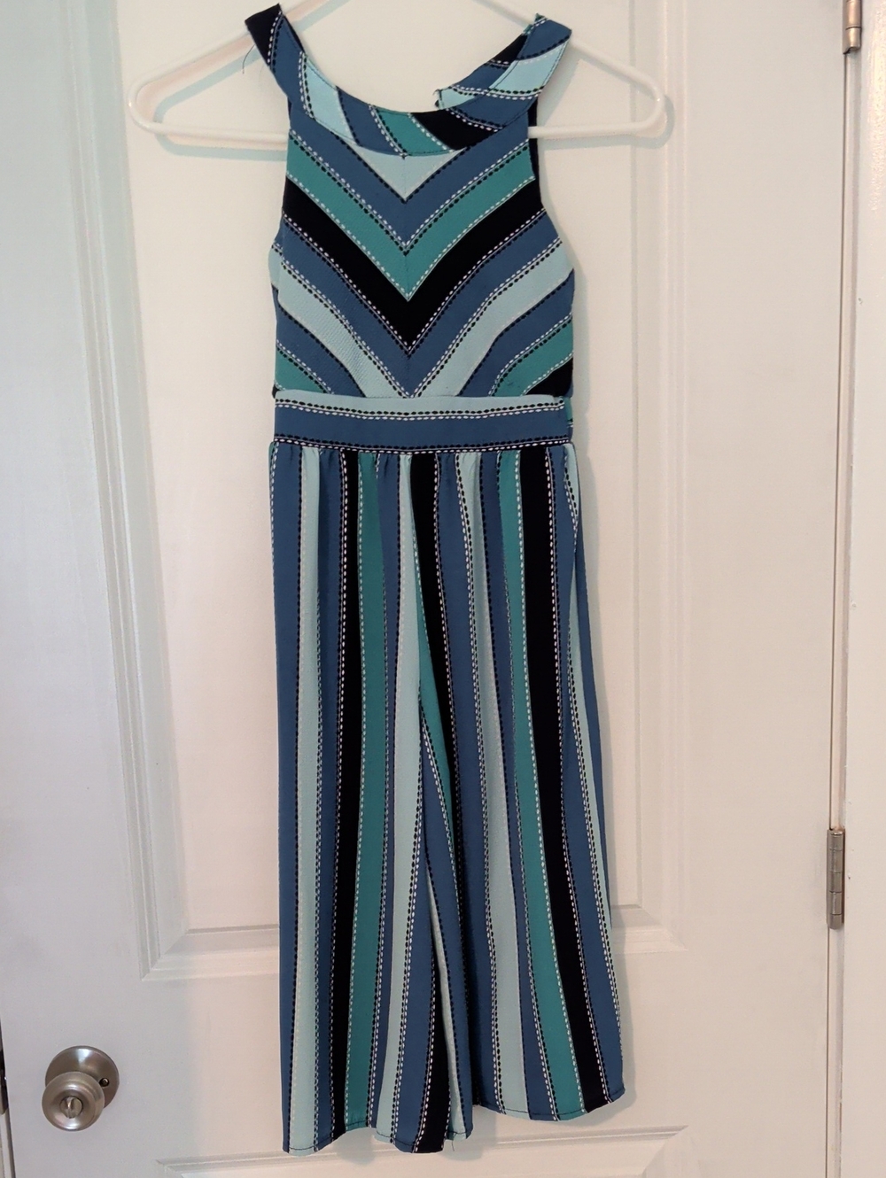 Knitworks Girls Striped Halter Jumpsuit in Blue, Teal & Navy